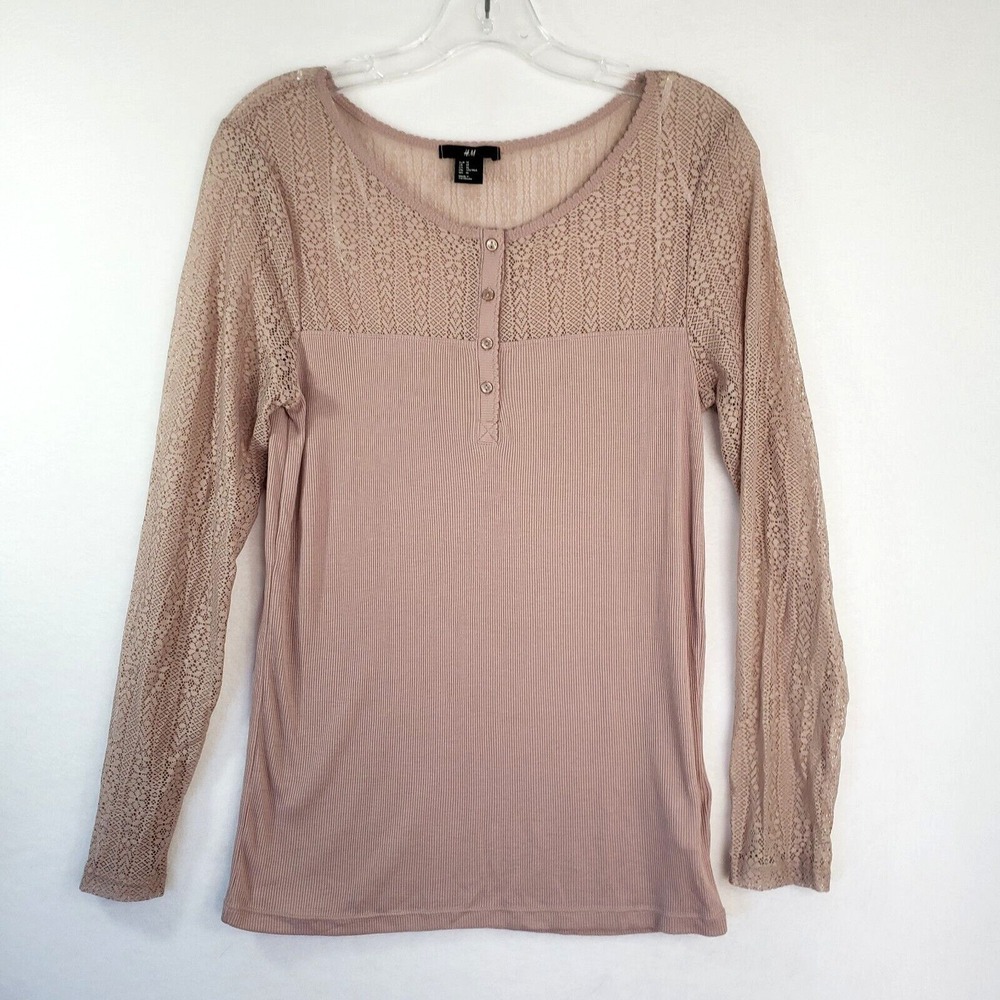 H&M Ribbed Henley Top Womens M Beige Lace Long Sleeve Blouse Casual Boho Concert
